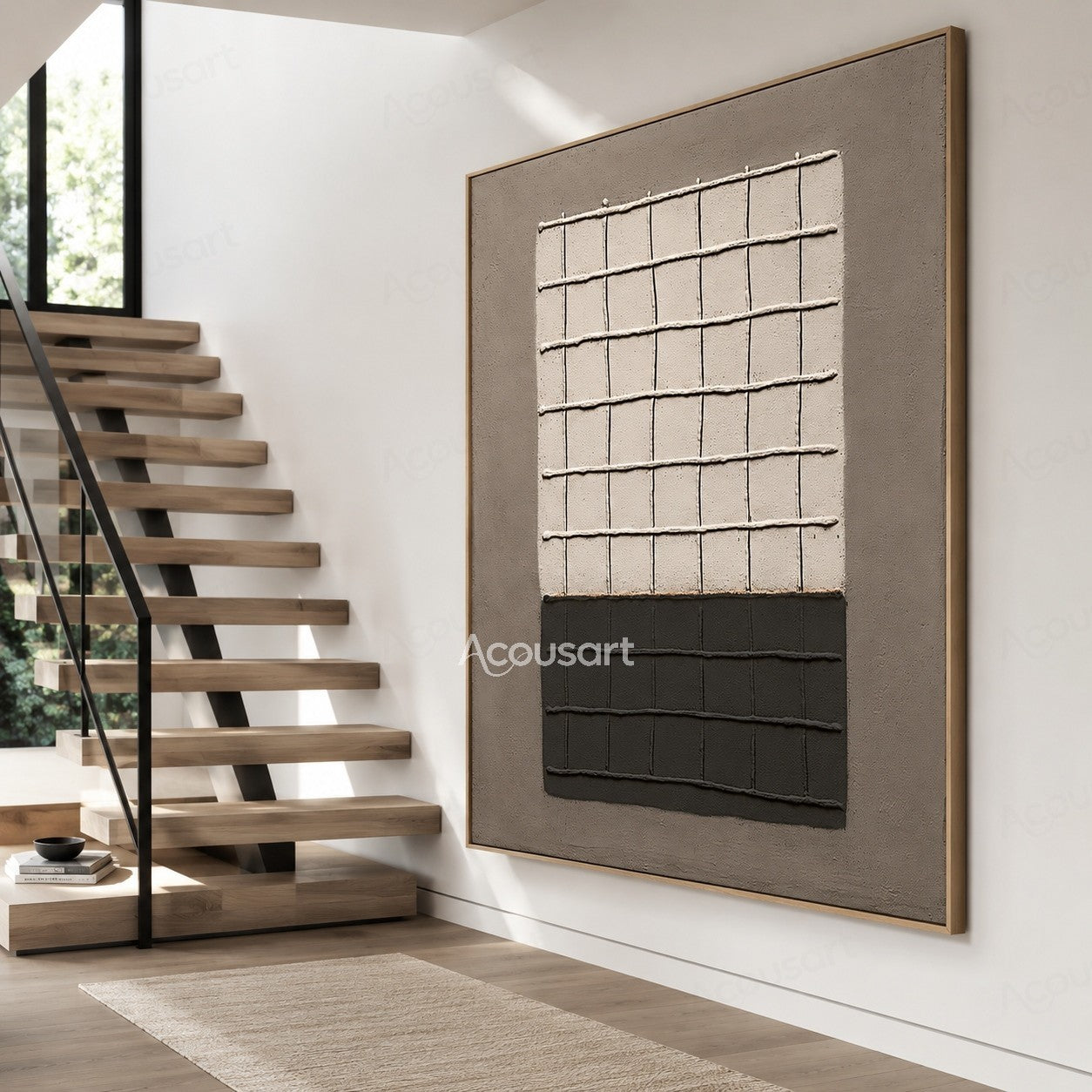 Black and white geometric textured abstract wall art with raised grid pattern design