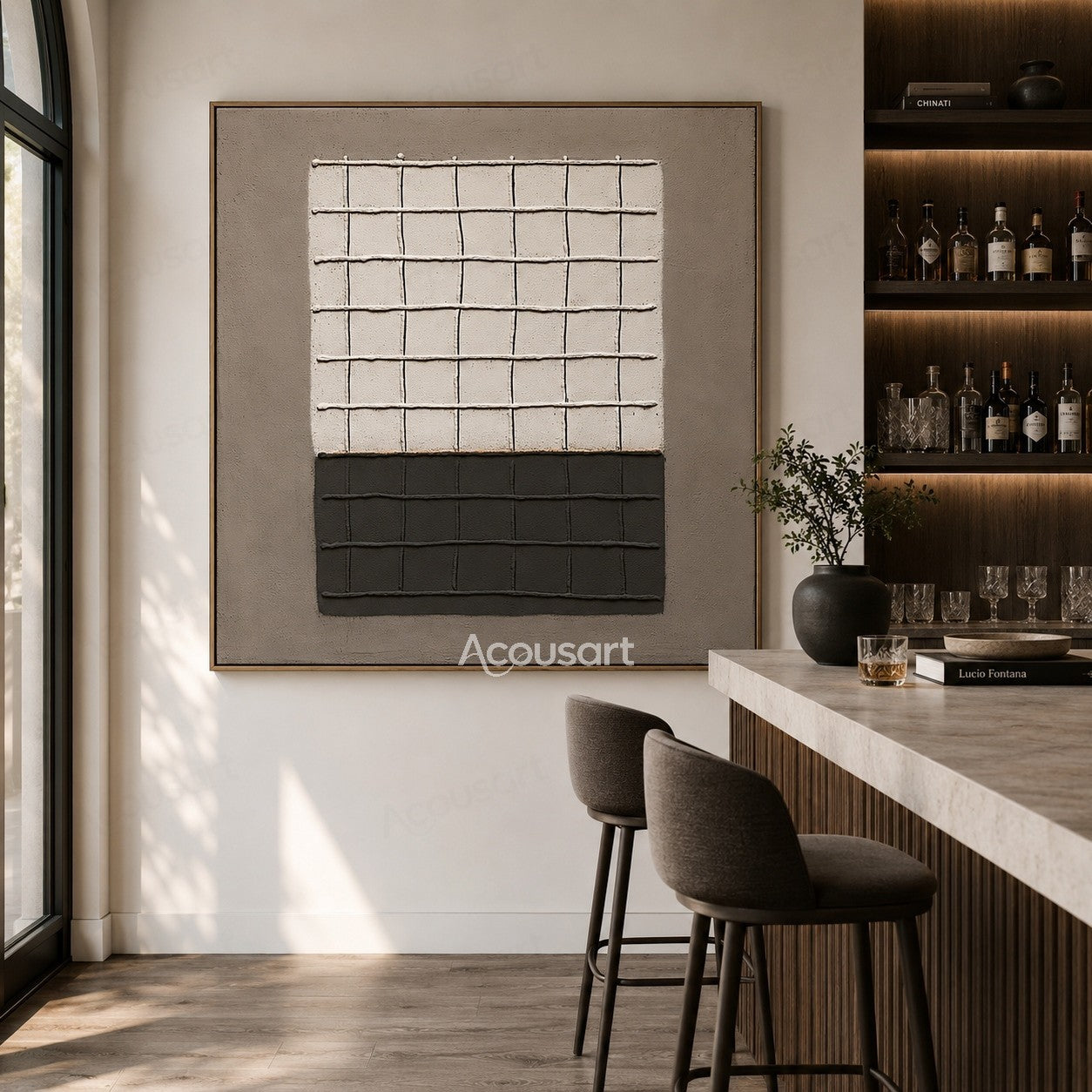 Black and white geometric textured abstract wall art with raised grid pattern design