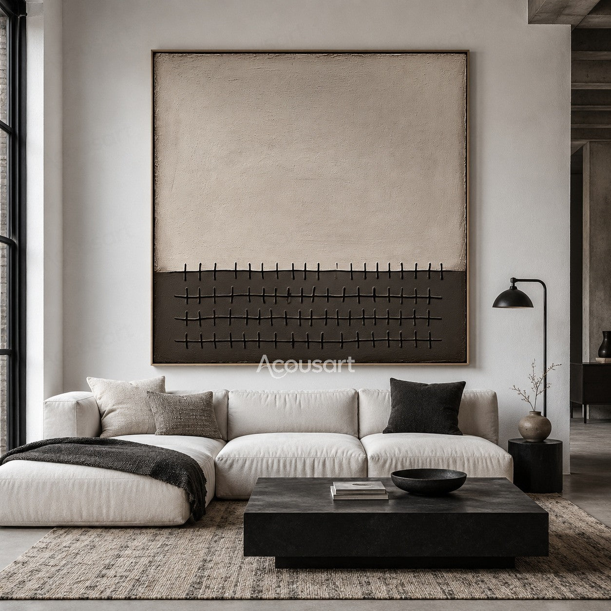 Neutral textured abstract wall art with beige background and dark geometric grid line pattern