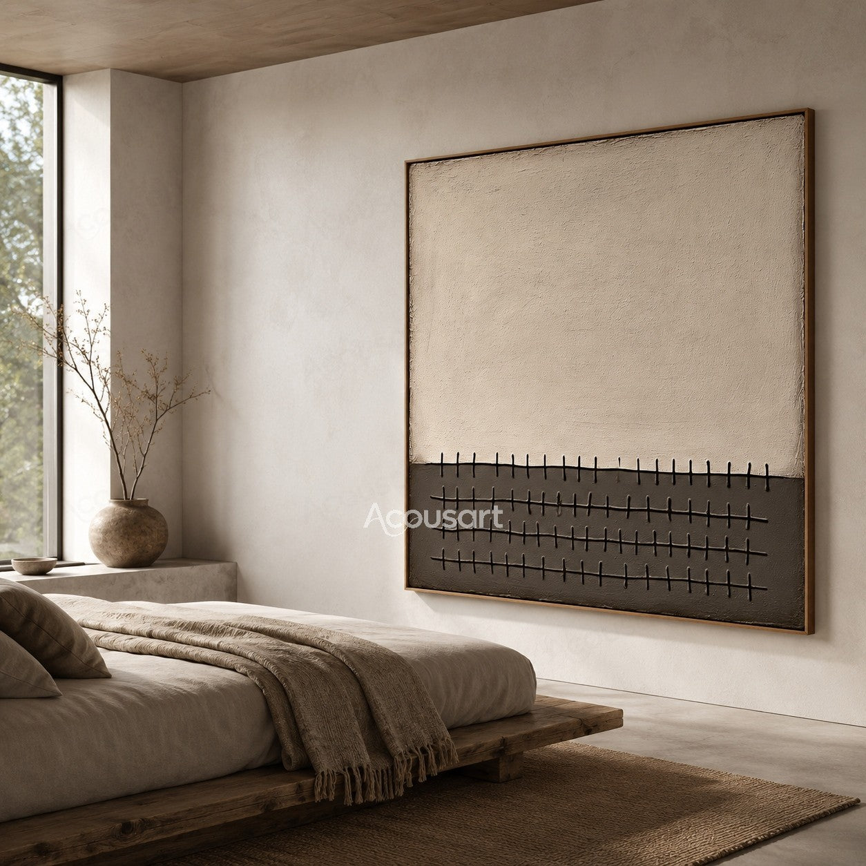 Neutral textured abstract wall art with beige background and dark geometric grid line pattern