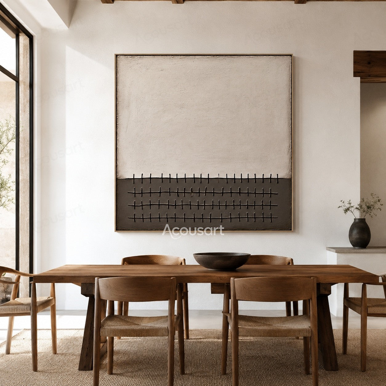 Neutral textured abstract wall art with beige background and dark geometric grid line pattern