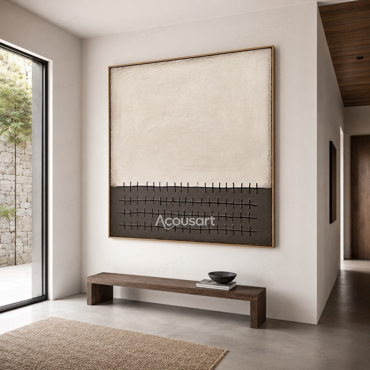Neutral textured abstract wall art with beige background and dark geometric grid line pattern