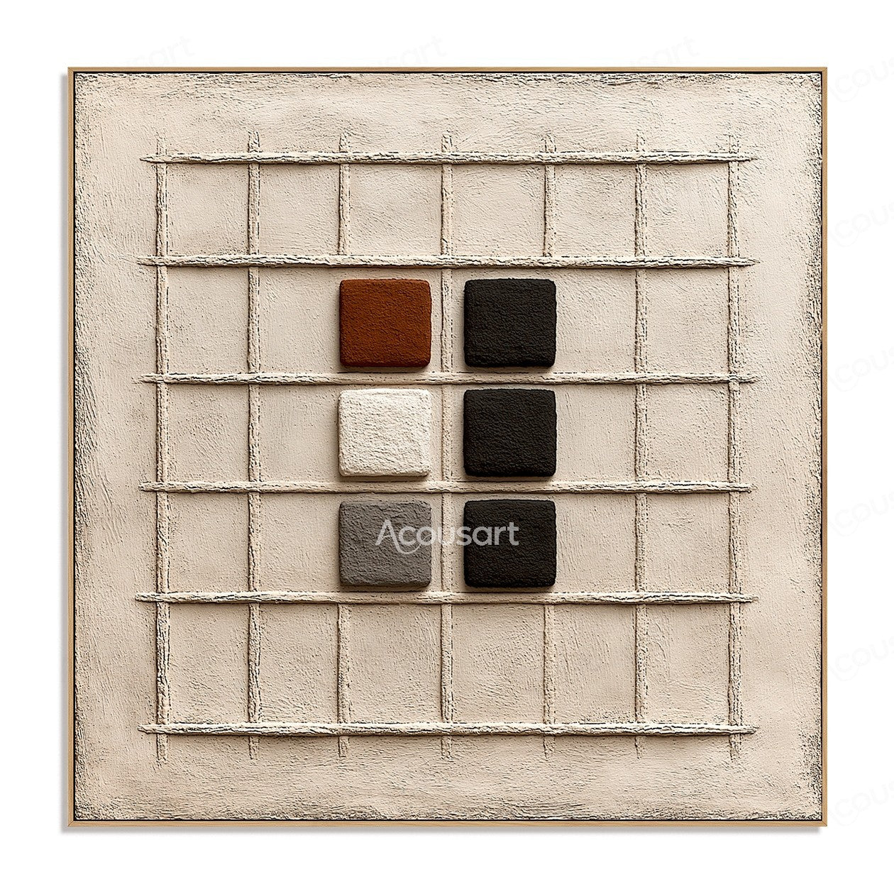 Neutral textured abstract wall art with beige grid background and raised black white brown geometric blocks