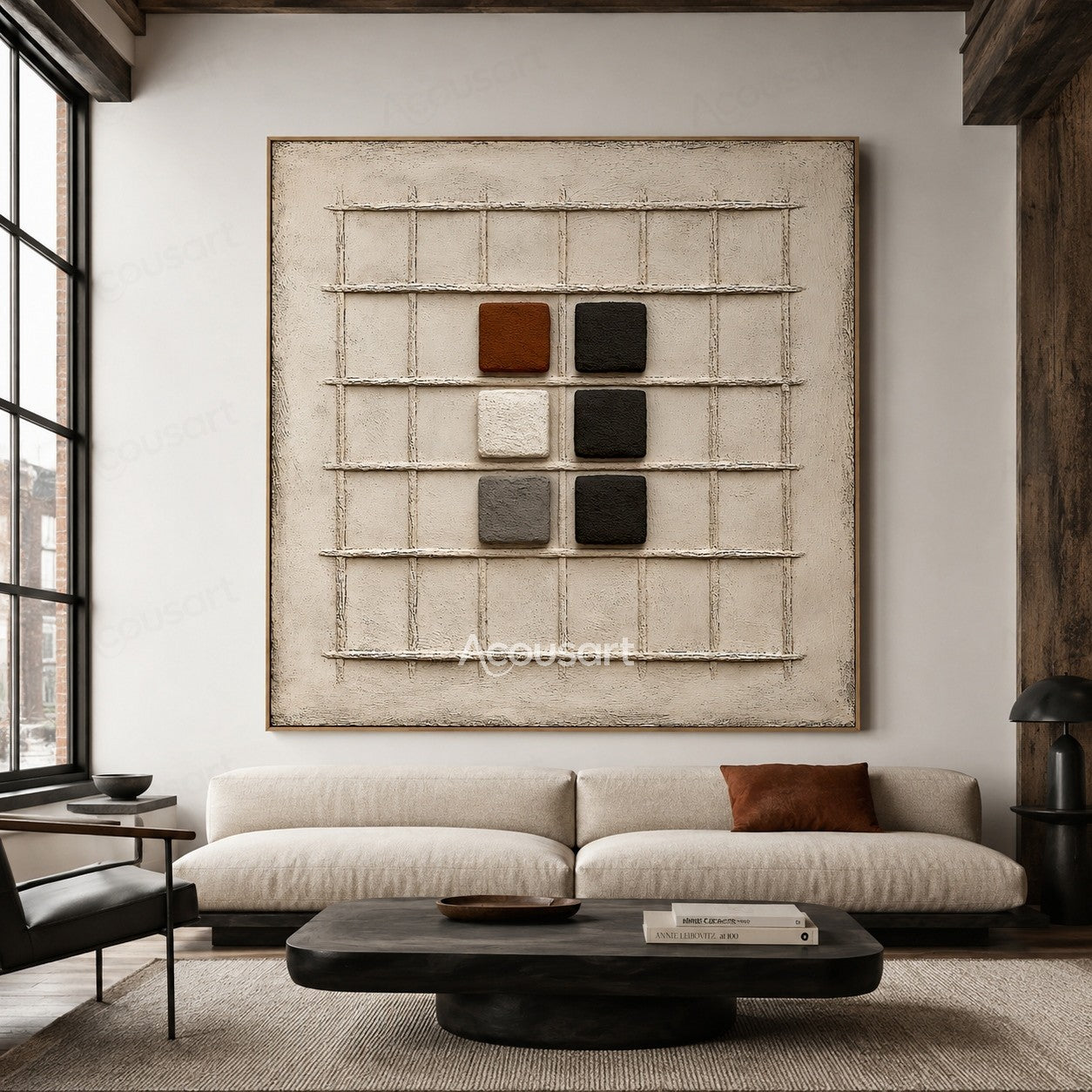 Neutral textured abstract wall art with beige grid background and raised black white brown geometric blocks