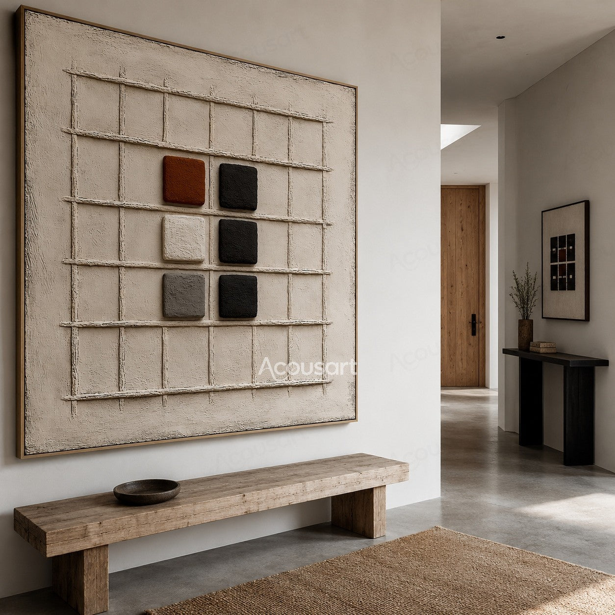 Neutral textured abstract wall art with beige grid background and raised black white brown geometric blocks