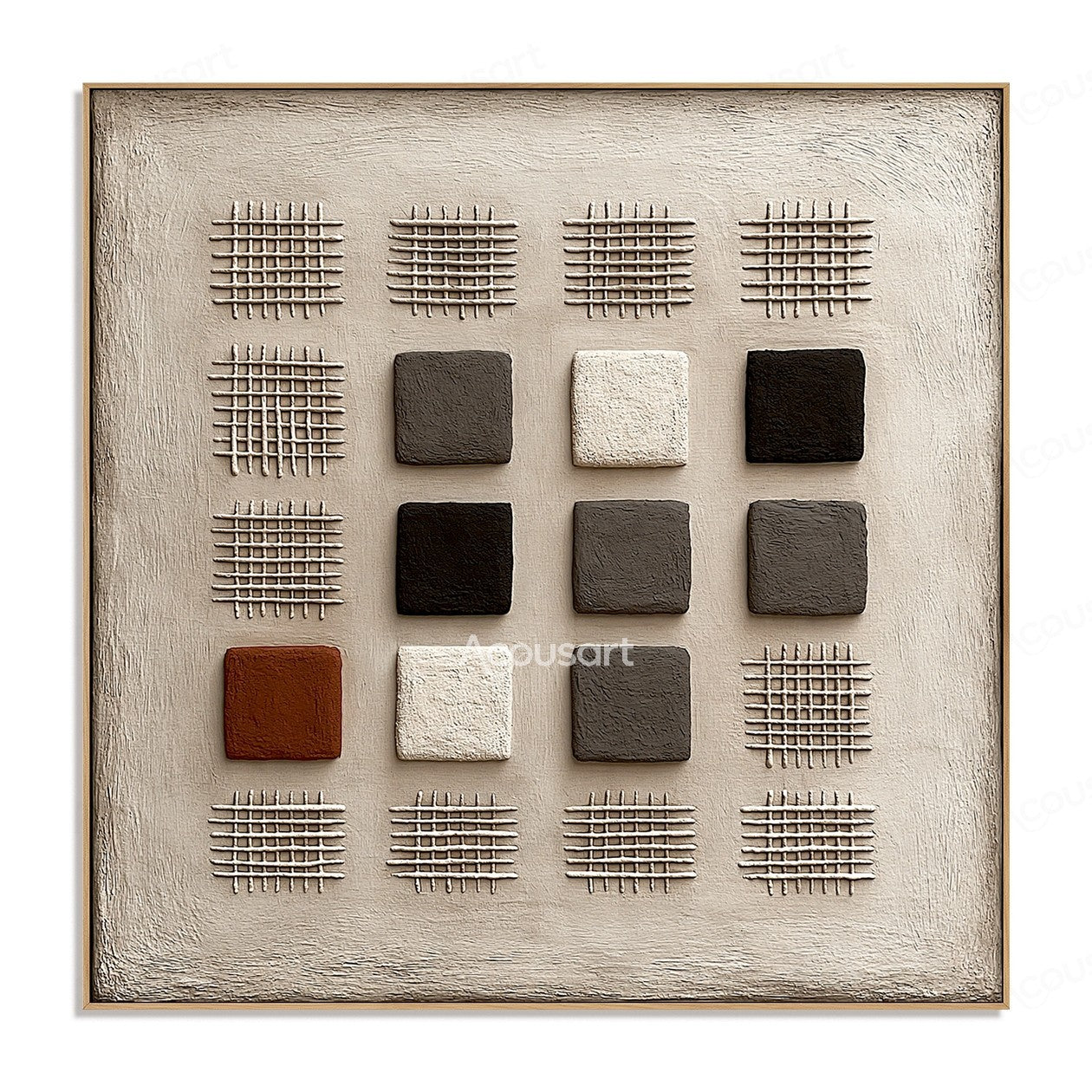 Neutral geometric textured abstract wall art with raised grid patterns and black white brown blocks on beige background