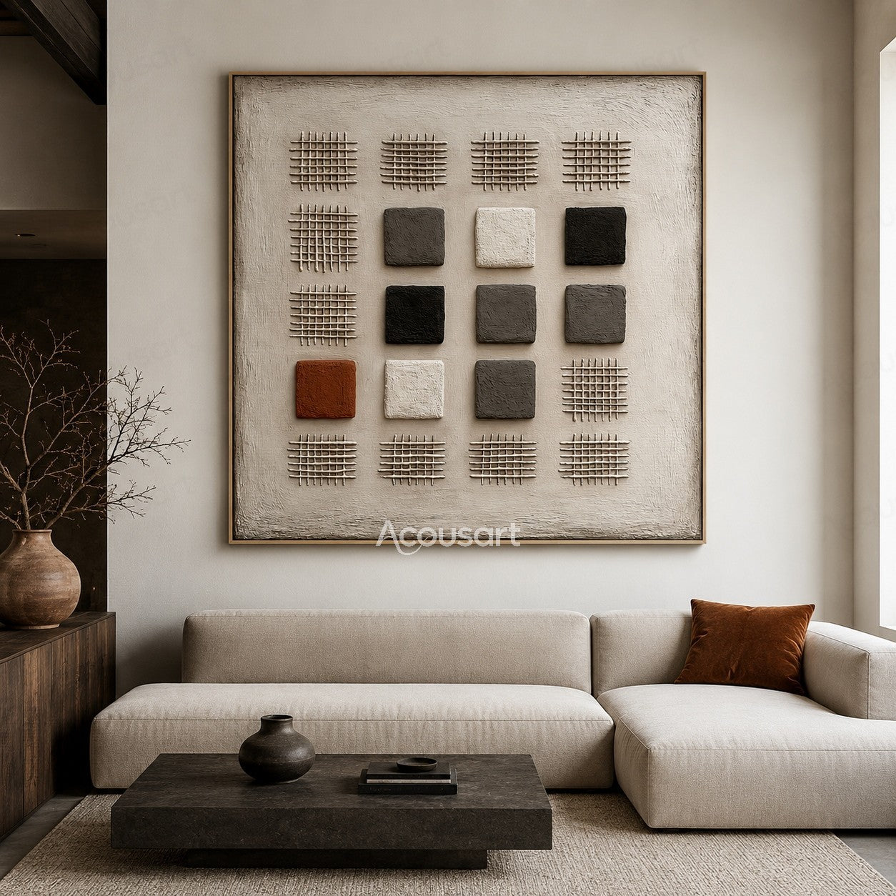 Neutral geometric textured abstract wall art with raised grid patterns and black white brown blocks on beige background