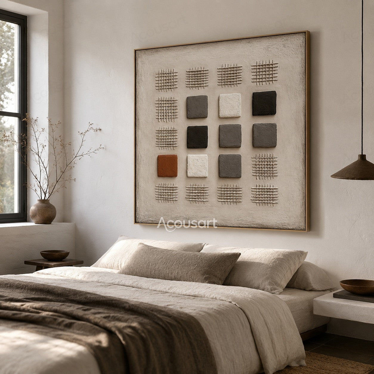 Neutral geometric textured abstract wall art with raised grid patterns and black white brown blocks on beige background