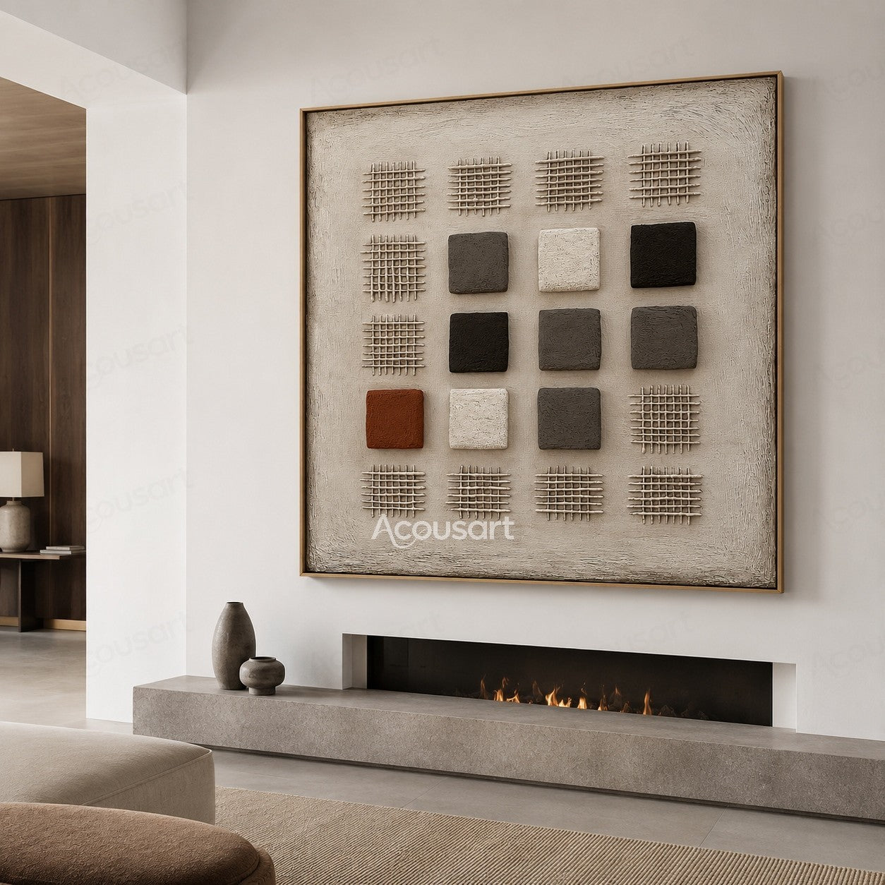 Neutral geometric textured abstract wall art with raised grid patterns and black white brown blocks on beige background