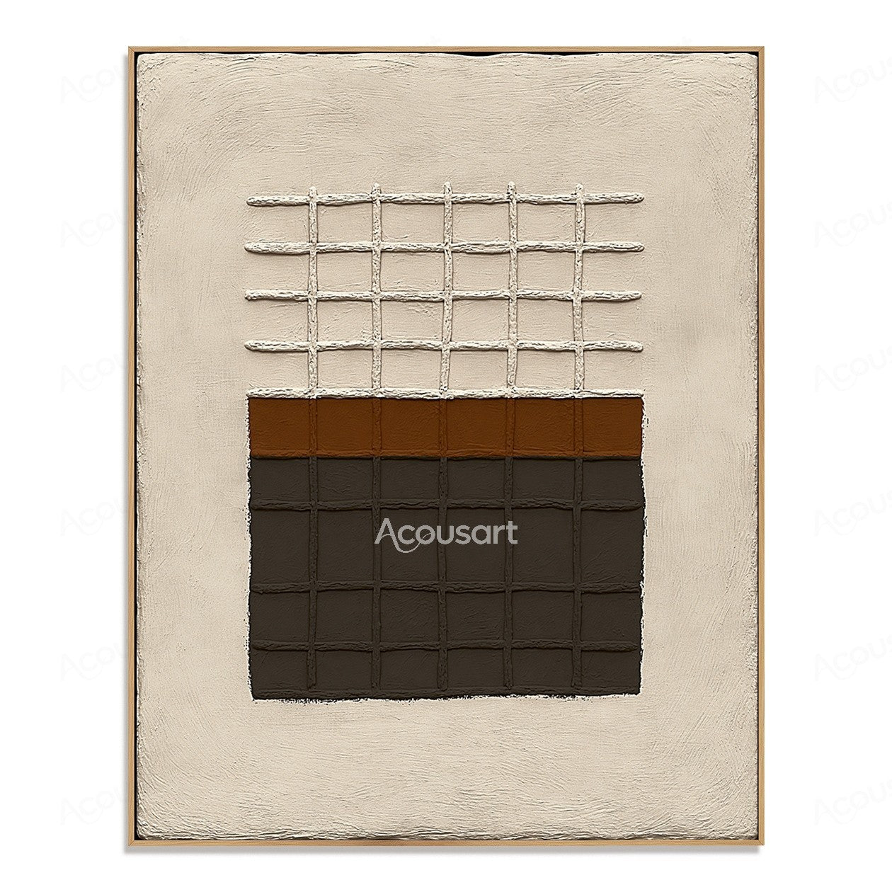 Neutral geometric textured abstract wall art with beige background and raised black brown grid pattern