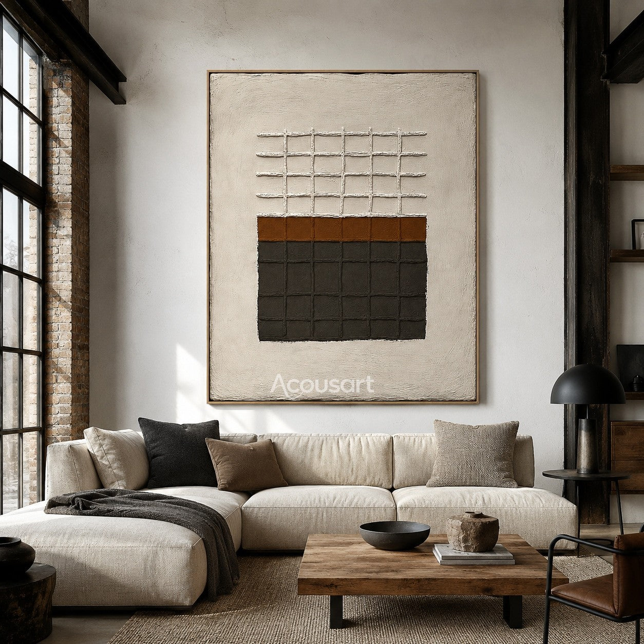 Neutral geometric textured abstract wall art with beige background and raised black brown grid pattern