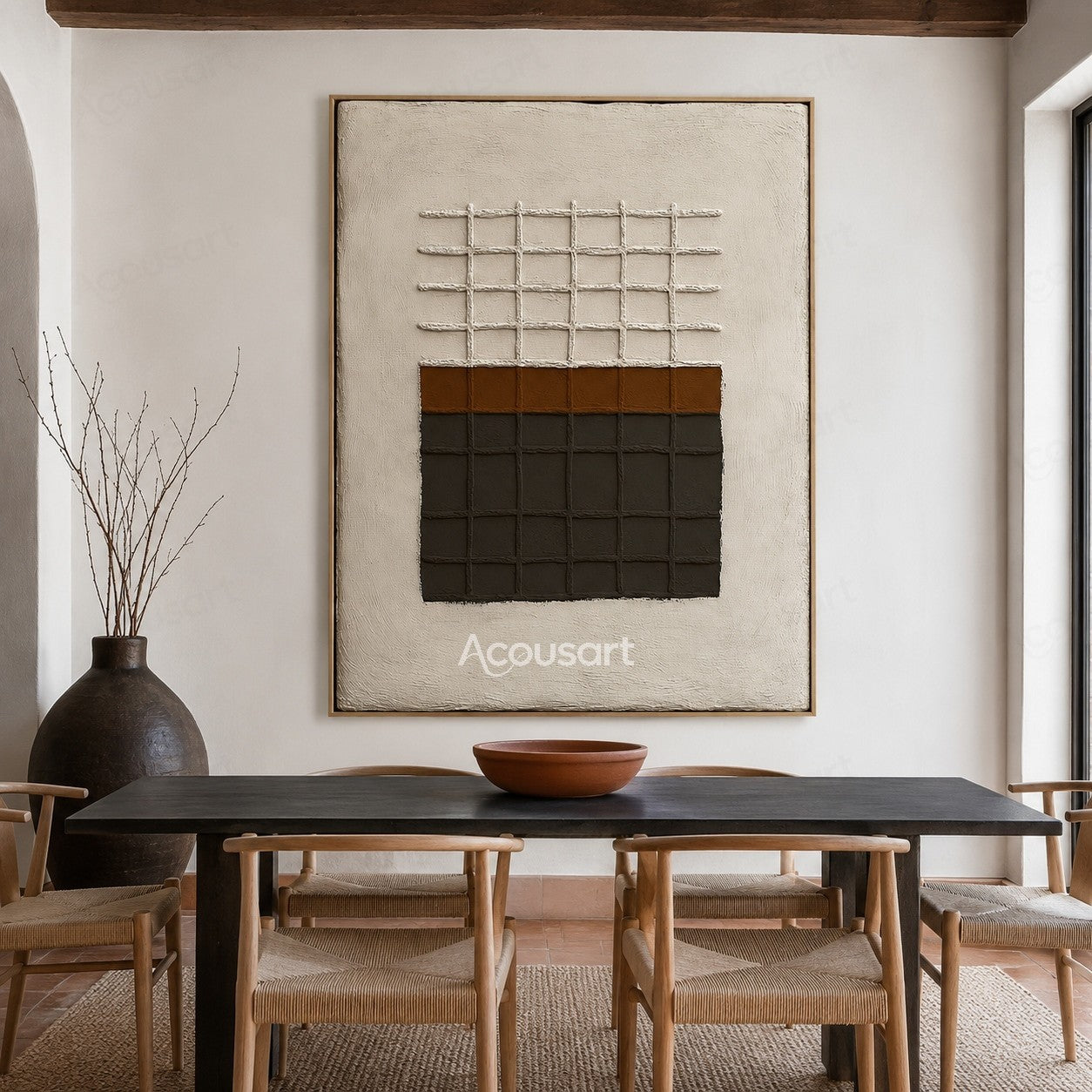 Neutral geometric textured abstract wall art with beige background and raised black brown grid pattern