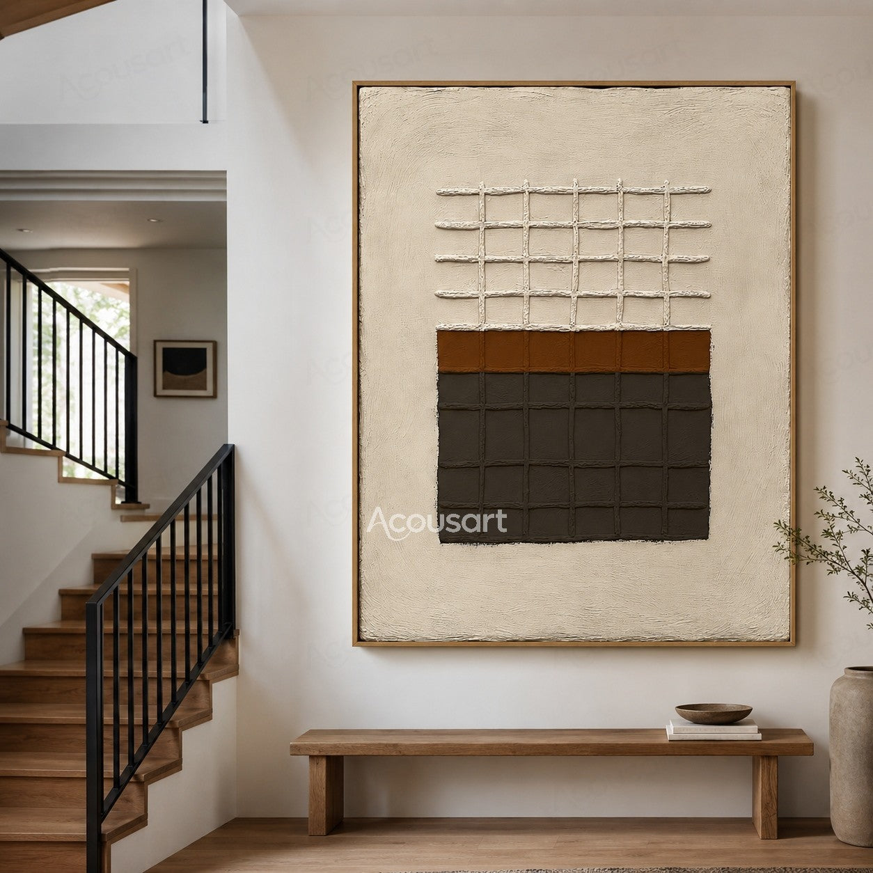 Neutral geometric textured abstract wall art with beige background and raised black brown grid pattern