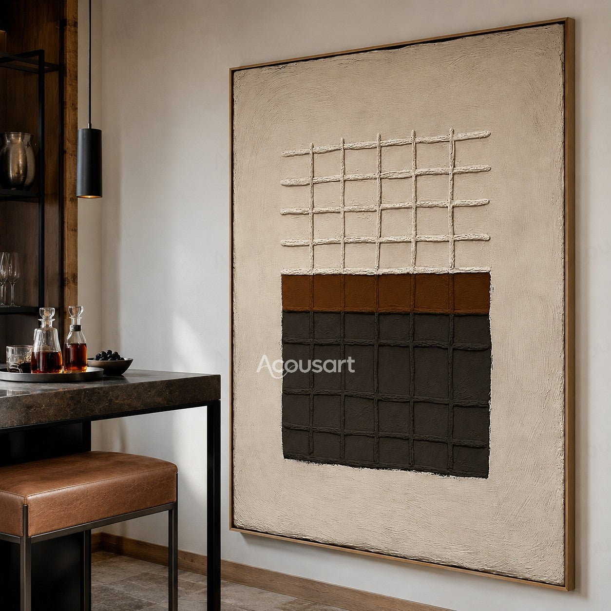 Neutral geometric textured abstract wall art with beige background and raised black brown grid pattern