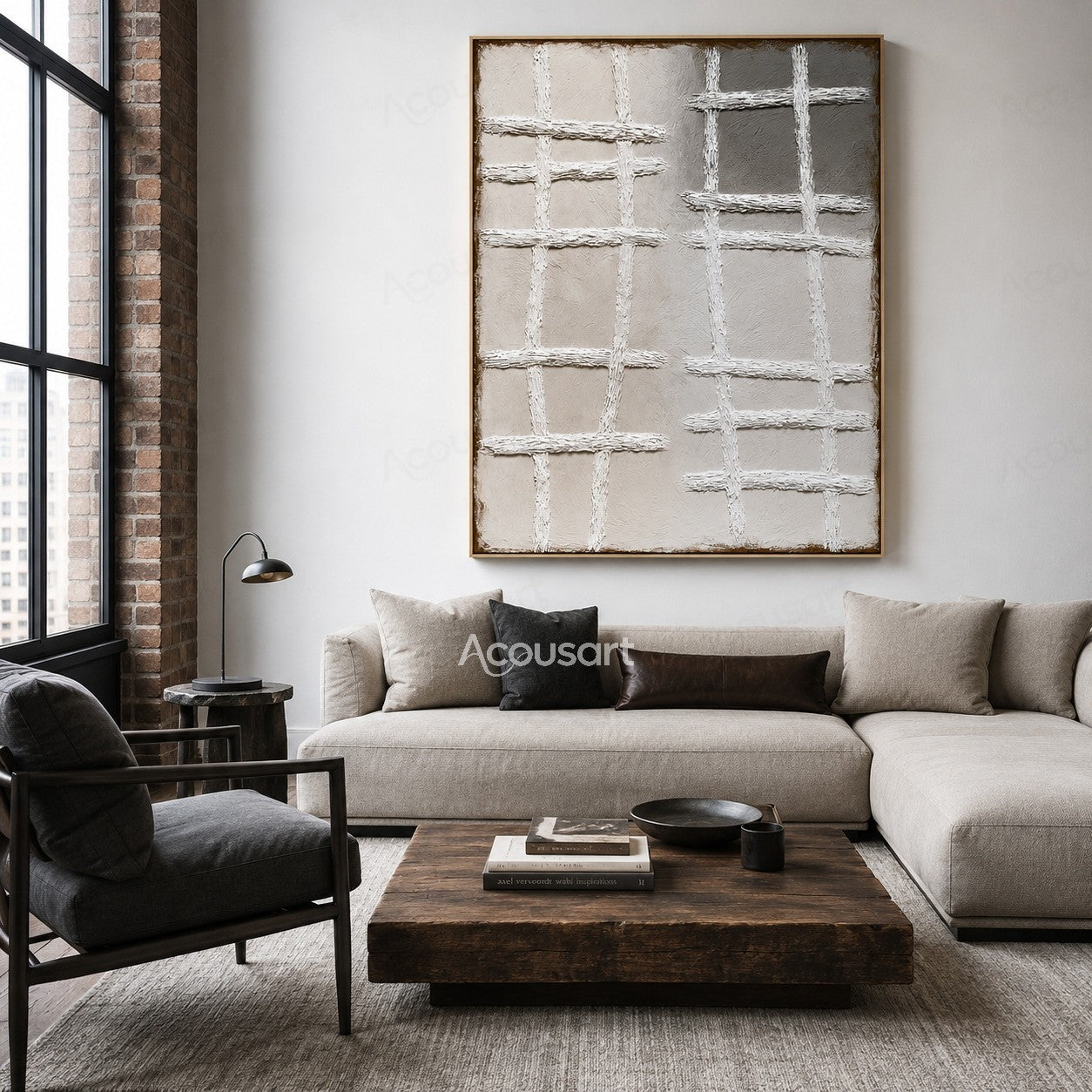 Neutral textured abstract wall art with white raised grid lines on beige gray background