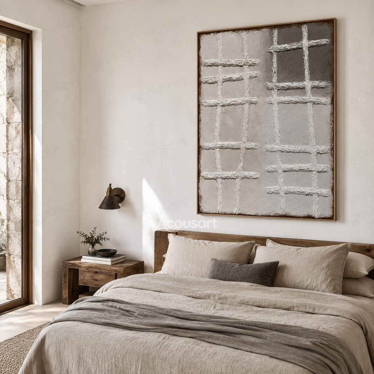 Neutral textured abstract wall art with white raised grid lines on beige gray background