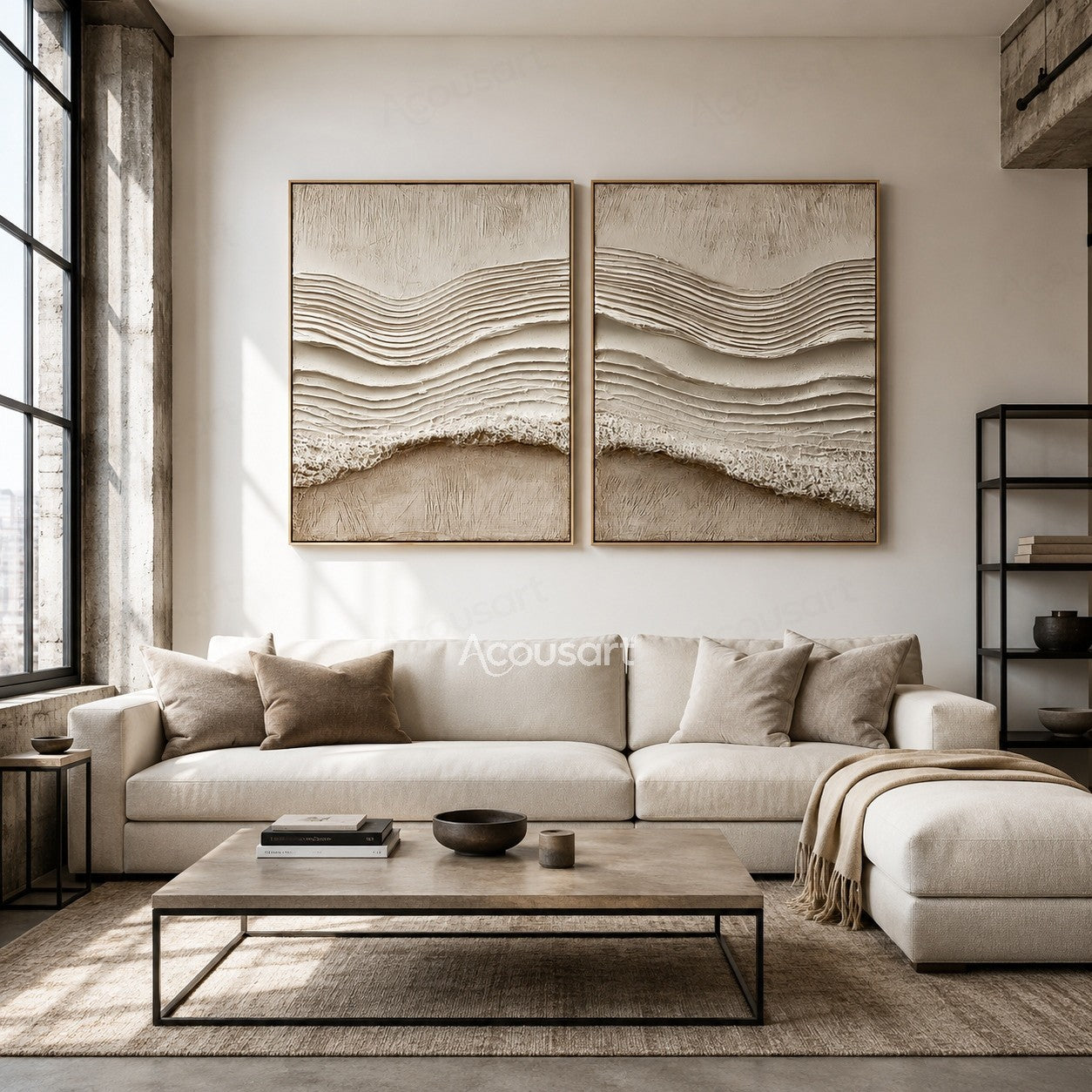 Neutral beige textured abstract wall art with raised flowing wave lines and minimalist design