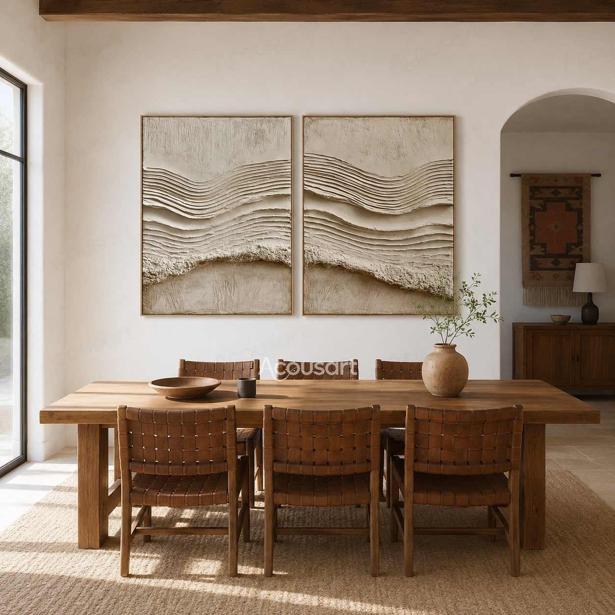 Neutral beige textured abstract wall art with raised flowing wave lines and minimalist design