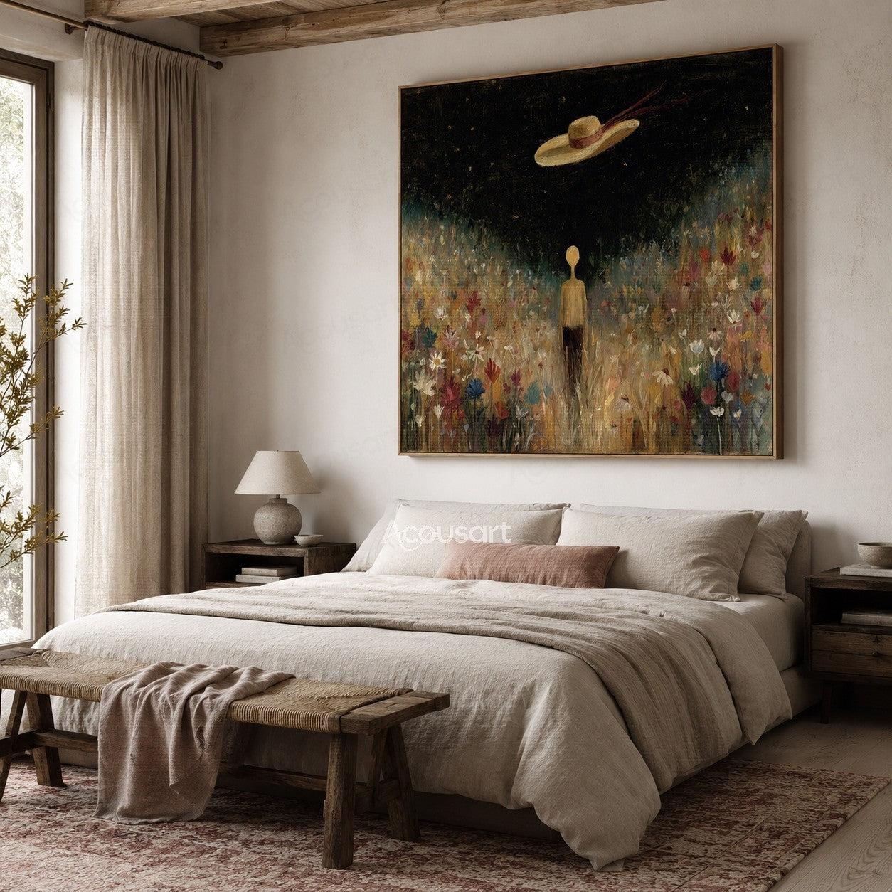 Dreamy floral landscape wall art with a figure standing in a colorful flower field under a dark sky
