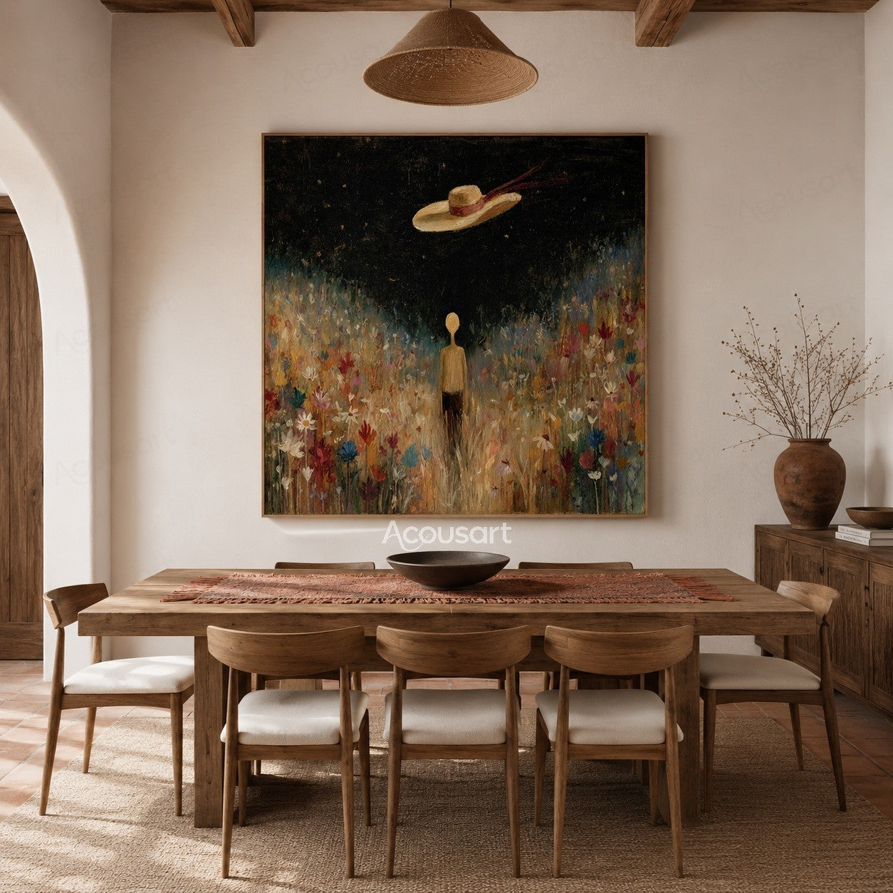 Dreamy floral landscape wall art with a figure standing in a colorful flower field under a dark sky