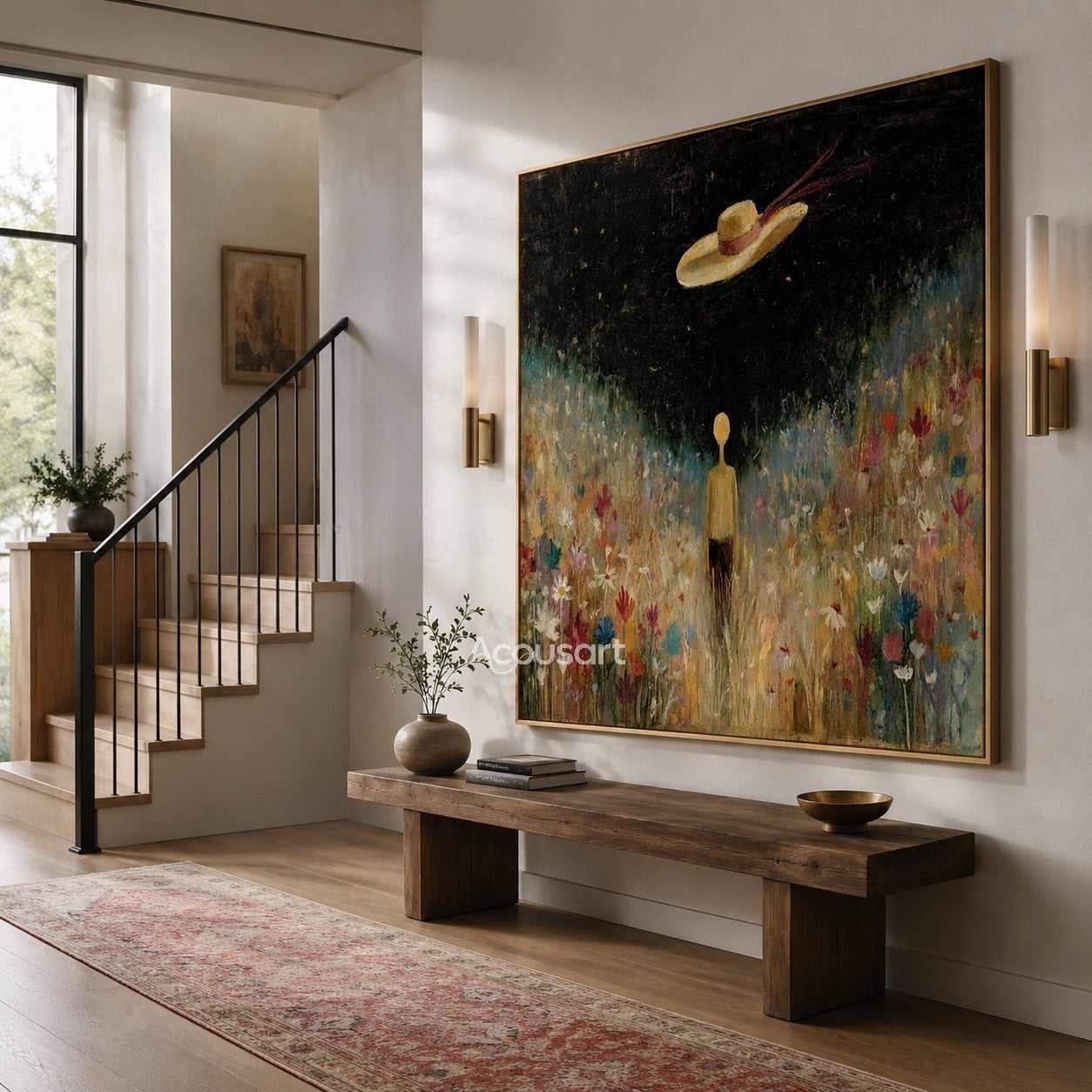 Dreamy floral landscape wall art with a figure standing in a colorful flower field under a dark sky