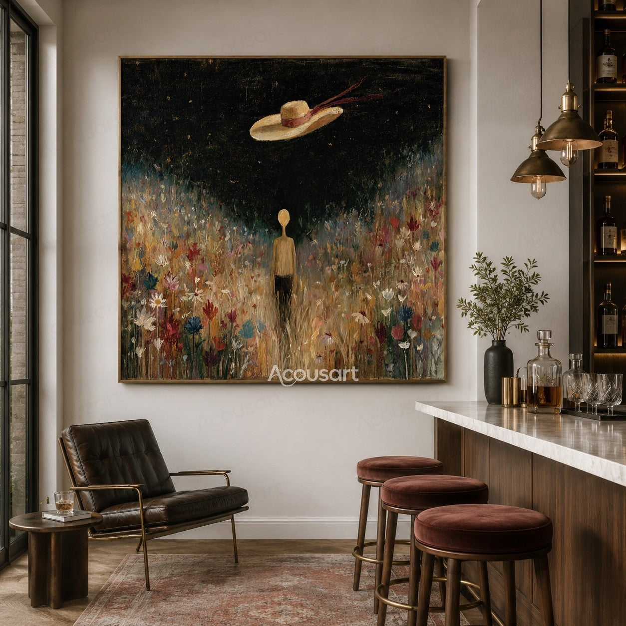 Dreamy floral landscape wall art with a figure standing in a colorful flower field under a dark sky