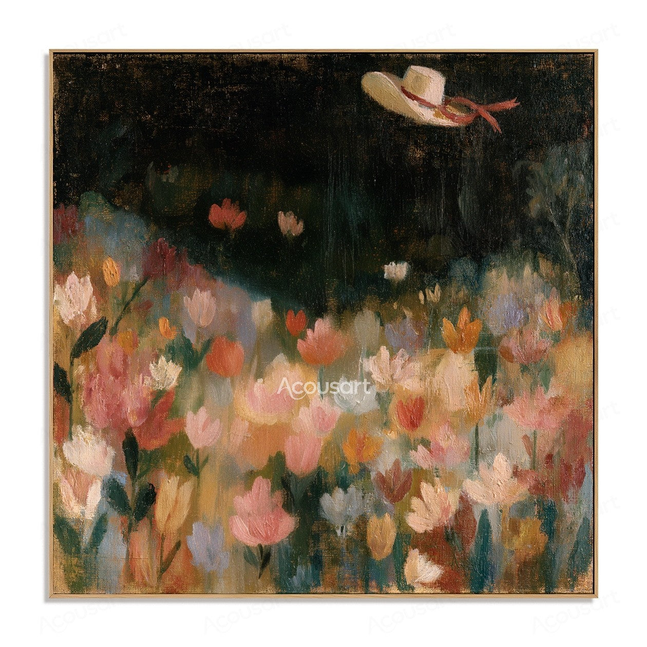 Dreamy flower field wall art with colorful flowers, dark sky, and floating hat