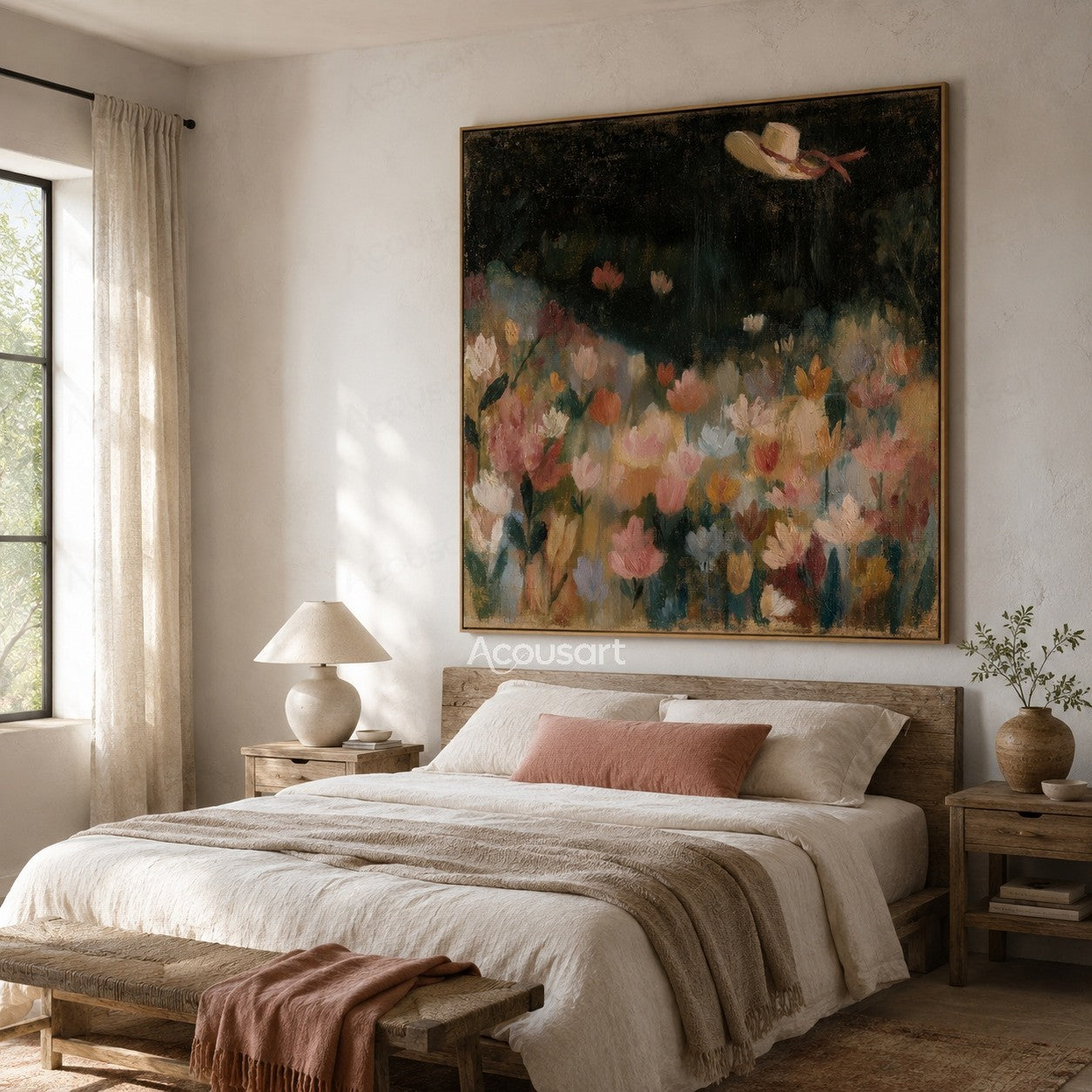 Dreamy flower field wall art with colorful flowers, dark sky, and floating hat