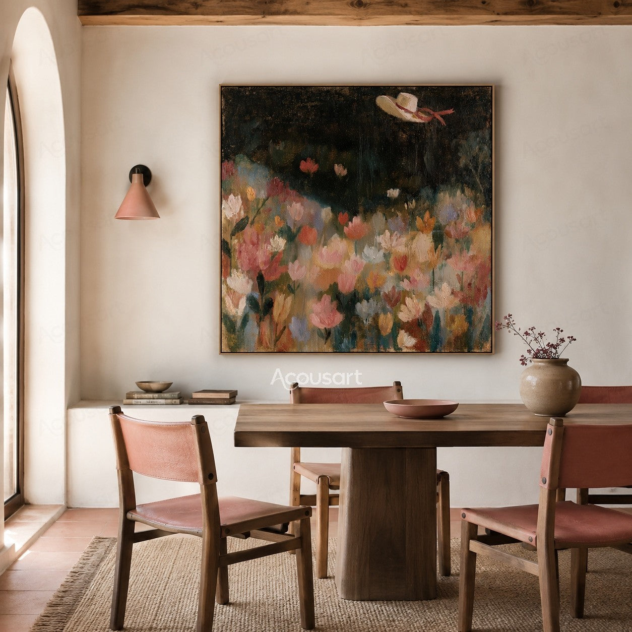 Dreamy flower field wall art with colorful flowers, dark sky, and floating hat