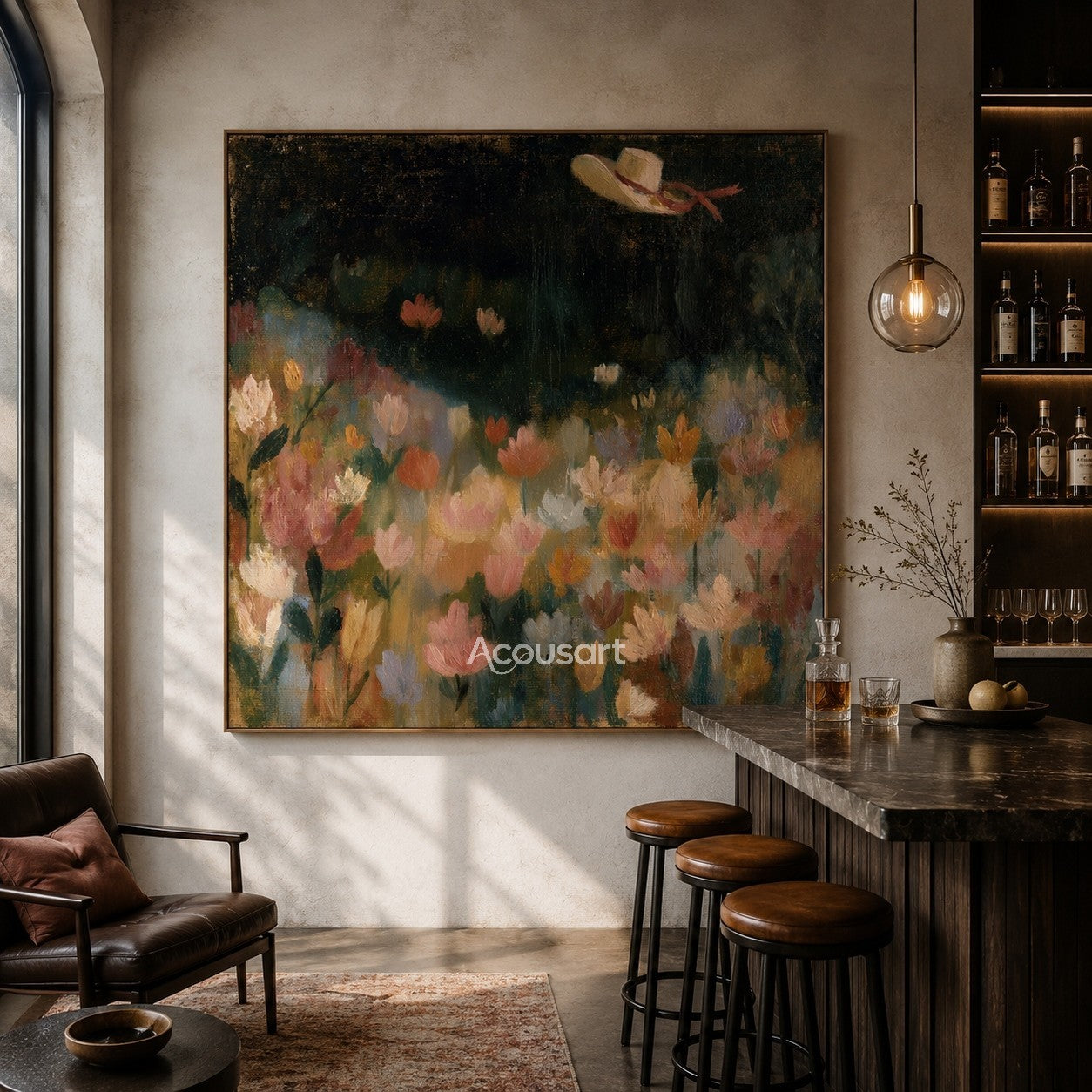 Dreamy flower field wall art with colorful flowers, dark sky, and floating hat