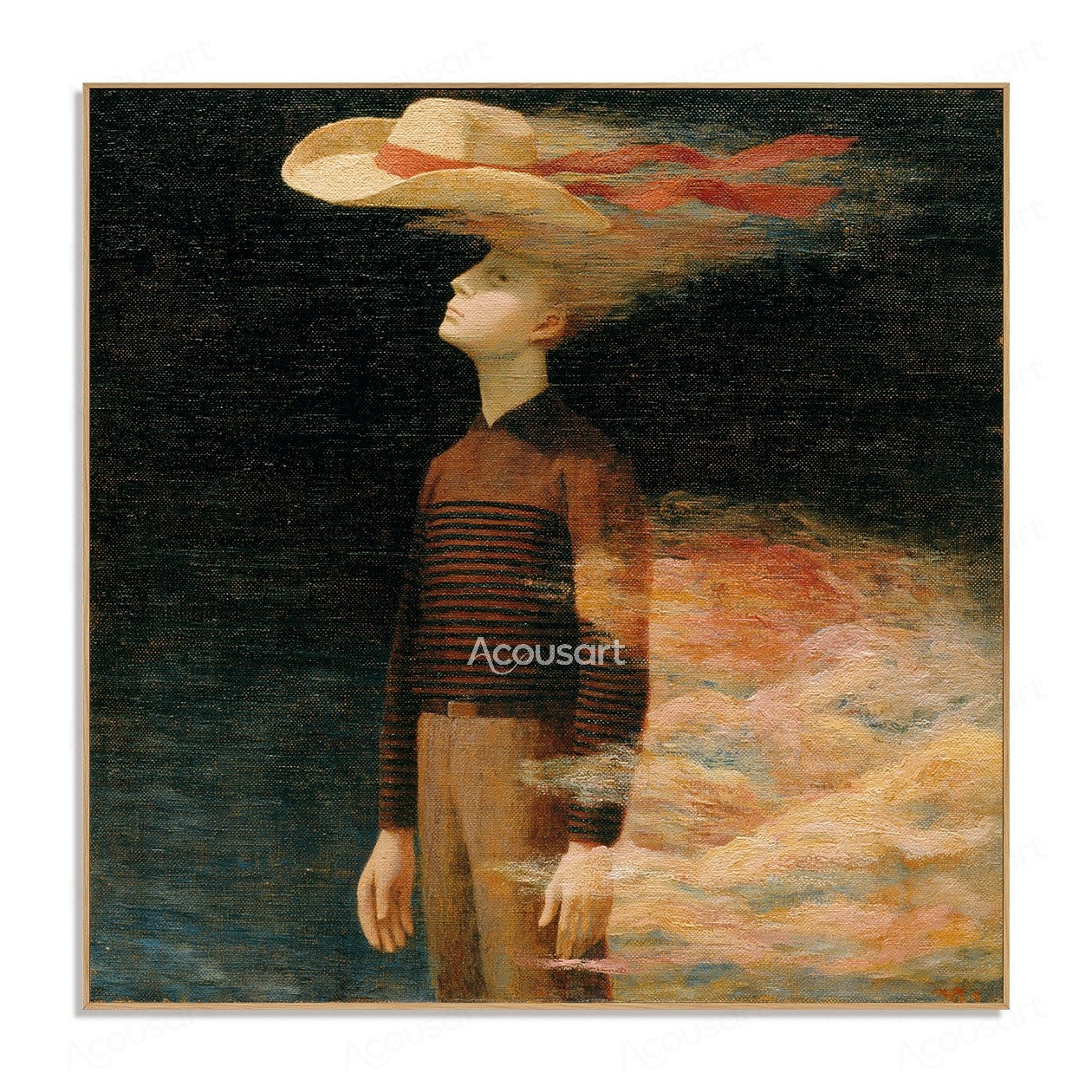 Surreal figure wall art with floating hat and soft cloud-like abstract background