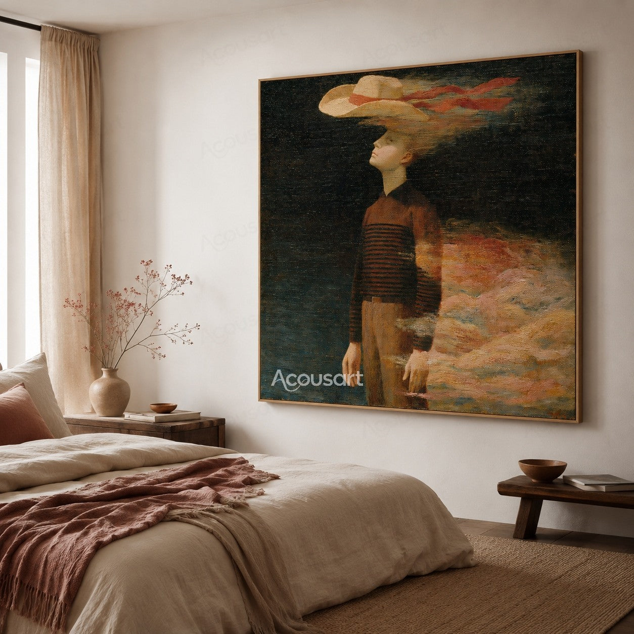 Surreal figure wall art with floating hat and soft cloud-like abstract background