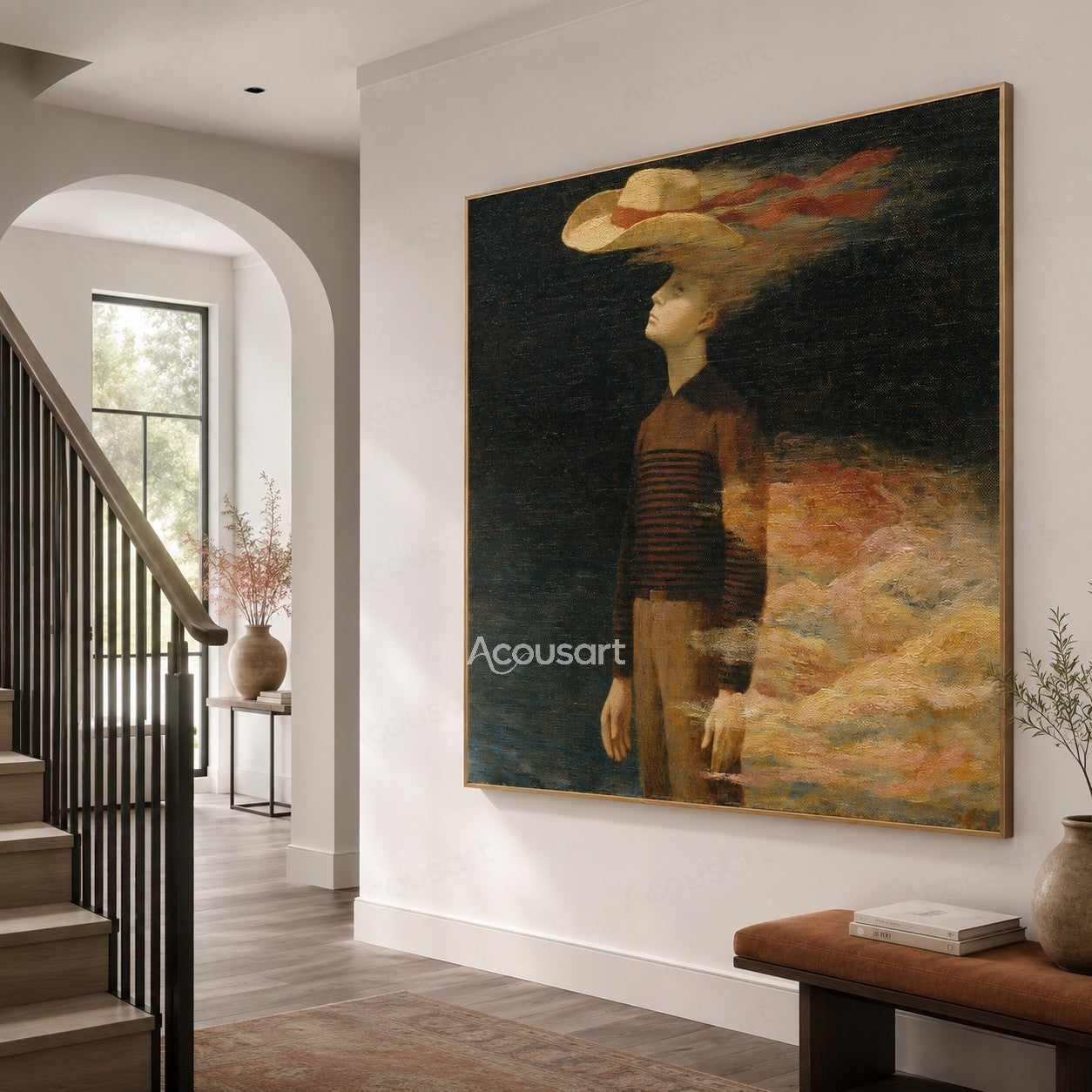 Surreal figure wall art with floating hat and soft cloud-like abstract background