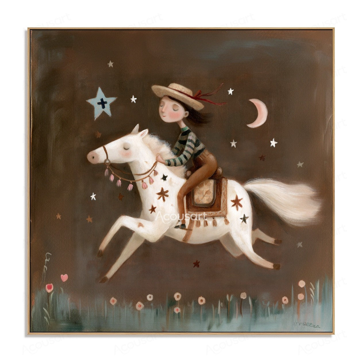 Whimsical white horse painting with rider under stars and crescent moon in a dark night sky