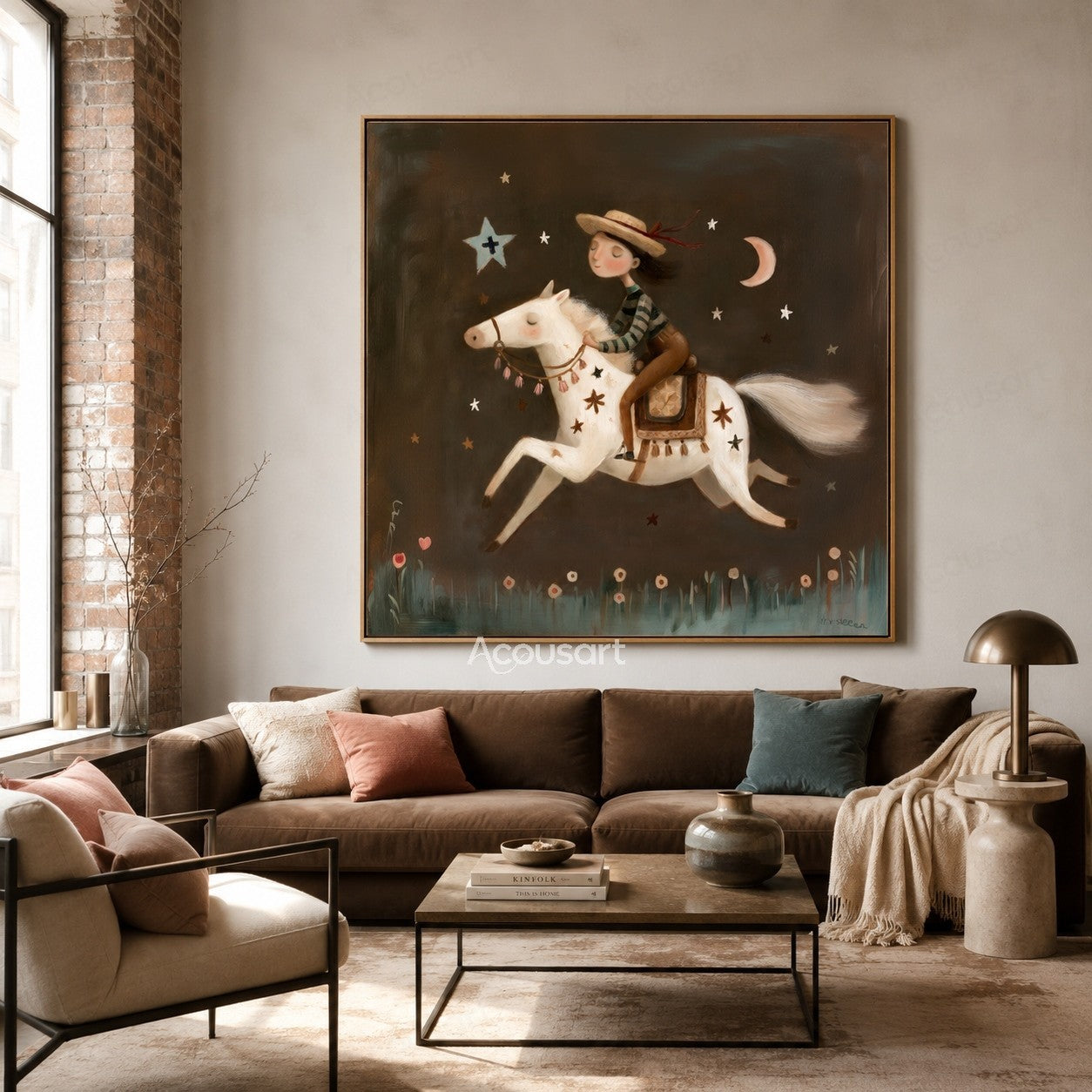 Whimsical white horse painting with rider under stars and crescent moon in a dark night sky