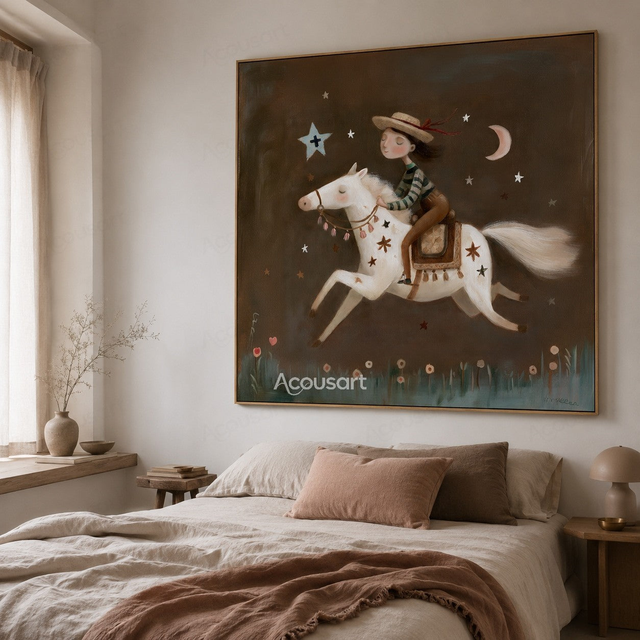 Whimsical white horse painting with rider under stars and crescent moon in a dark night sky