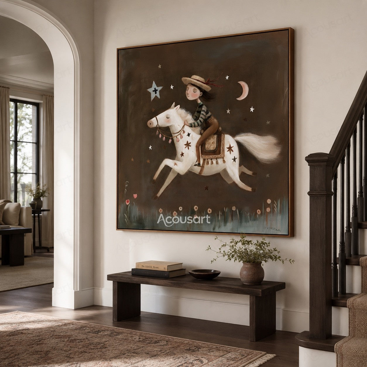 Whimsical white horse painting with rider under stars and crescent moon in a dark night sky