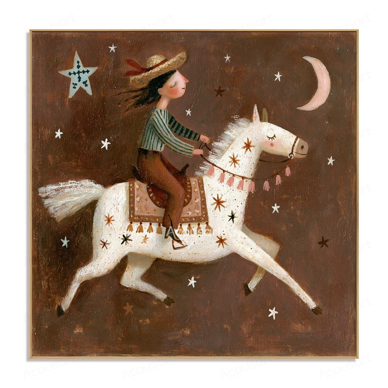 Whimsical white horse with rider under stars and crescent moon in a fantasy night scene
