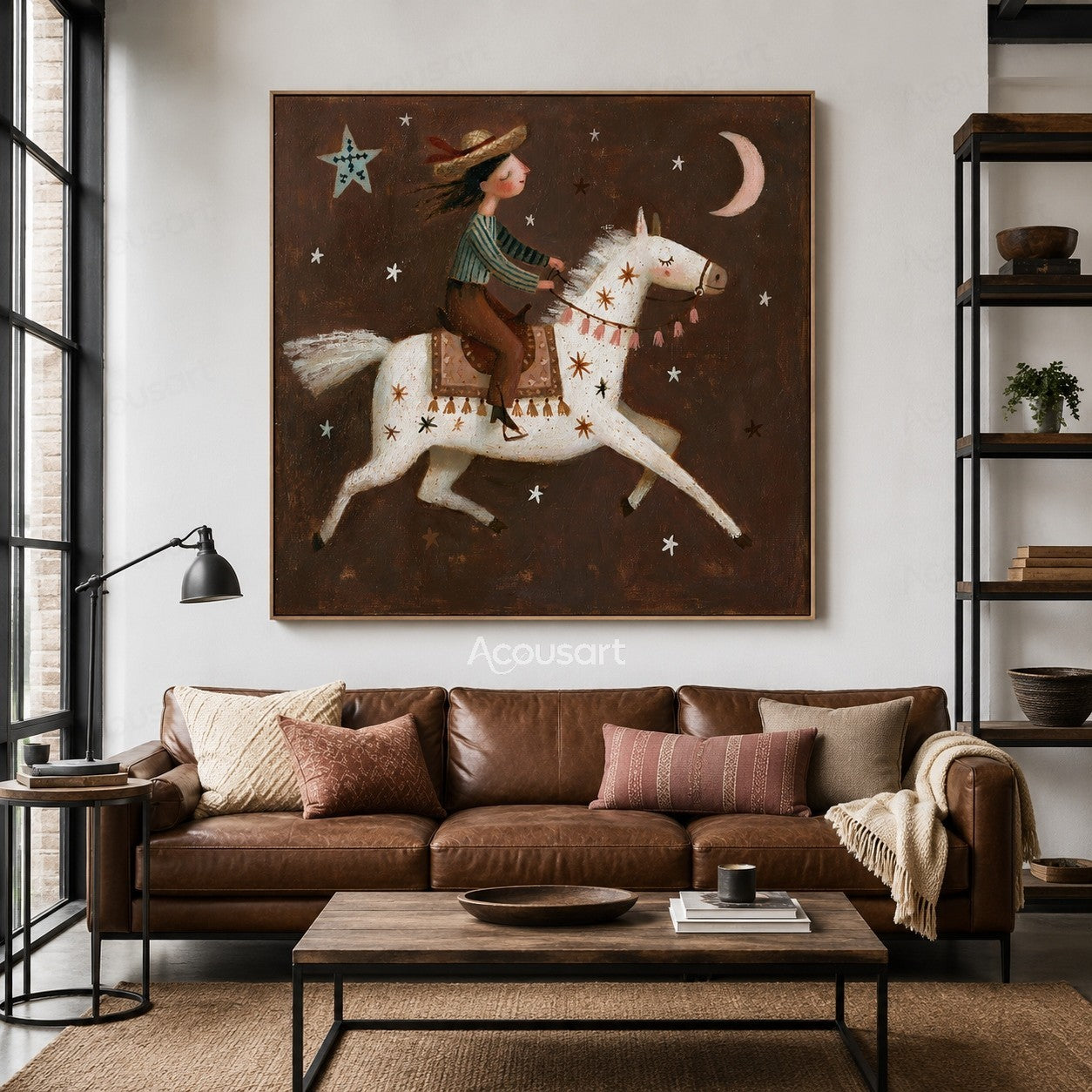 Whimsical white horse with rider under stars and crescent moon in a fantasy night scene