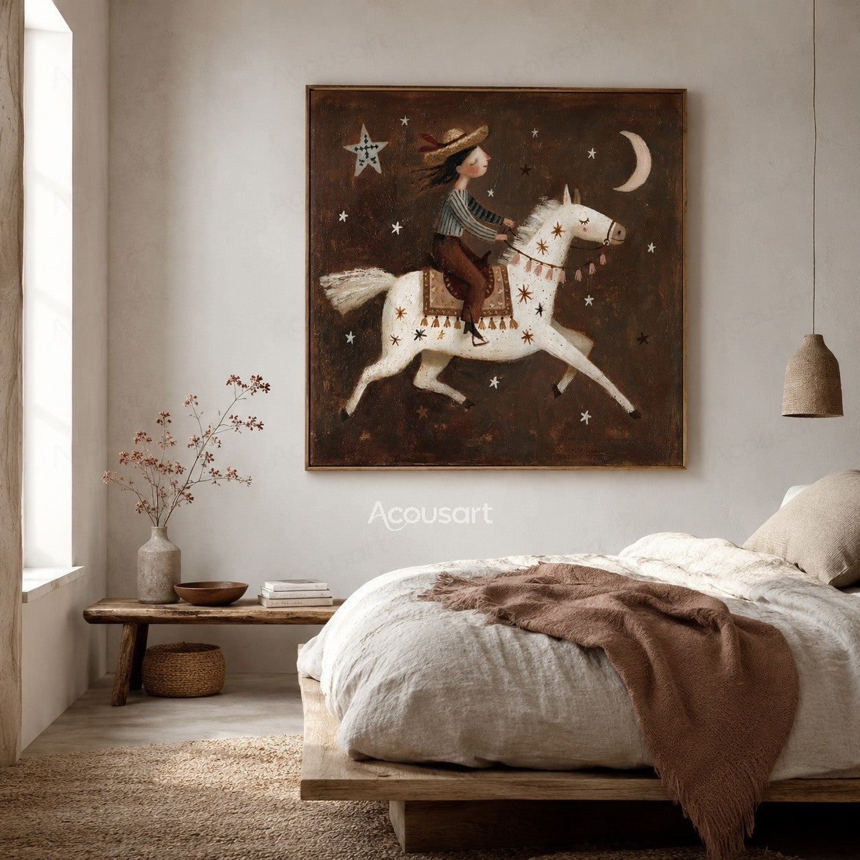 Whimsical white horse with rider under stars and crescent moon in a fantasy night scene