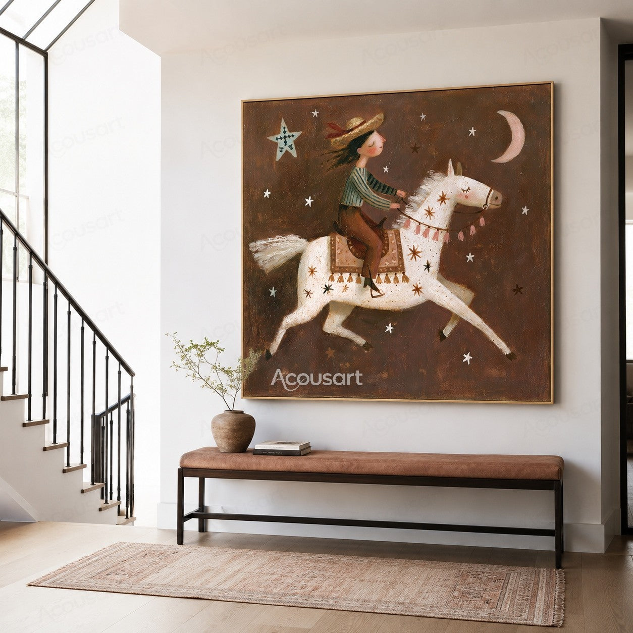 Whimsical white horse with rider under stars and crescent moon in a fantasy night scene