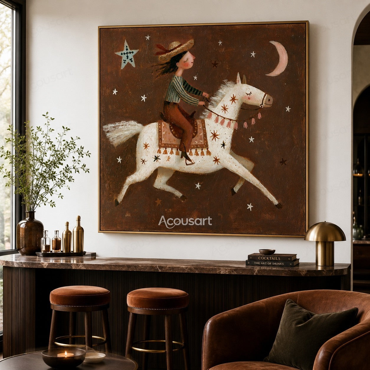 Whimsical white horse with rider under stars and crescent moon in a fantasy night scene