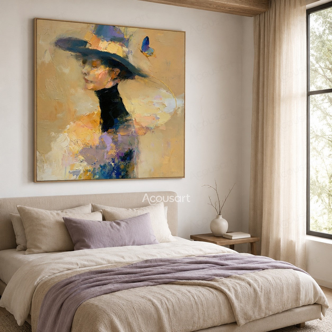 Modern figurative textured wall art featuring elegant woman with wide hat and colorful abstract brushstrokes