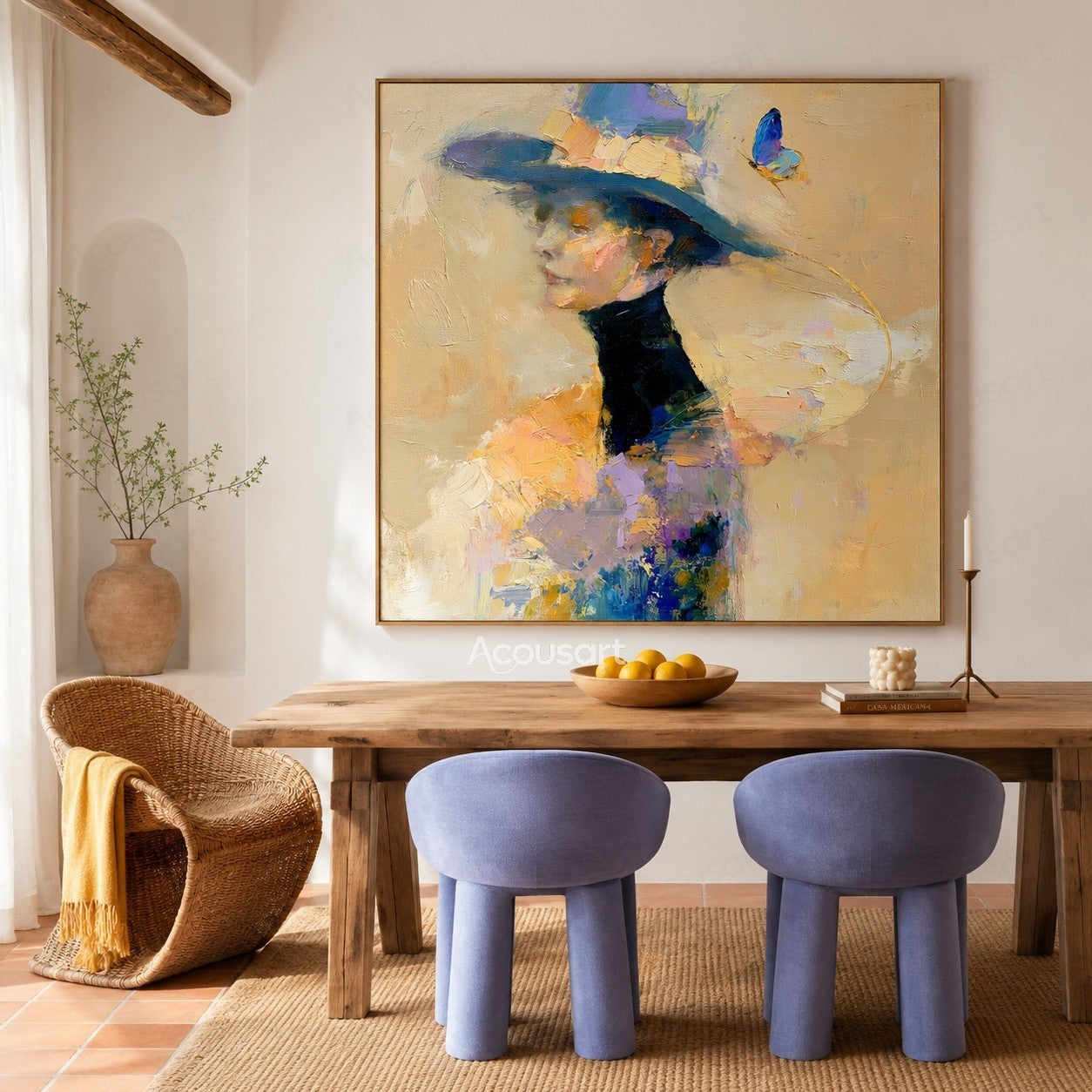 Modern figurative textured wall art featuring elegant woman with wide hat and colorful abstract brushstrokes