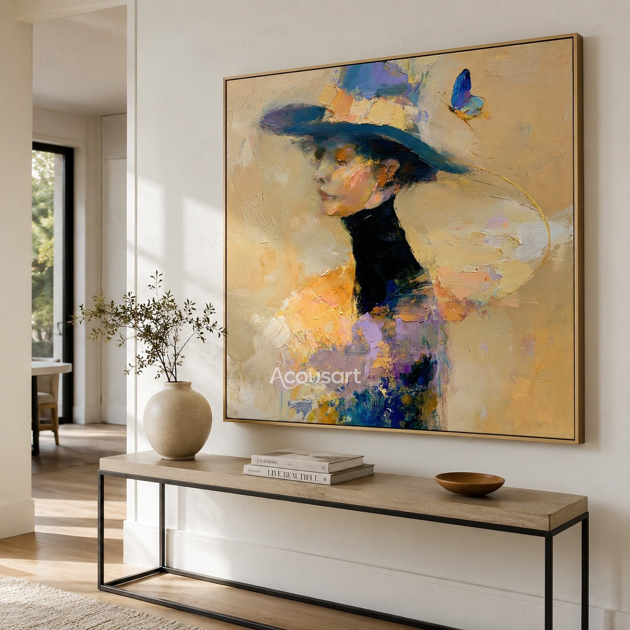 Modern figurative textured wall art featuring elegant woman with wide hat and colorful abstract brushstrokes