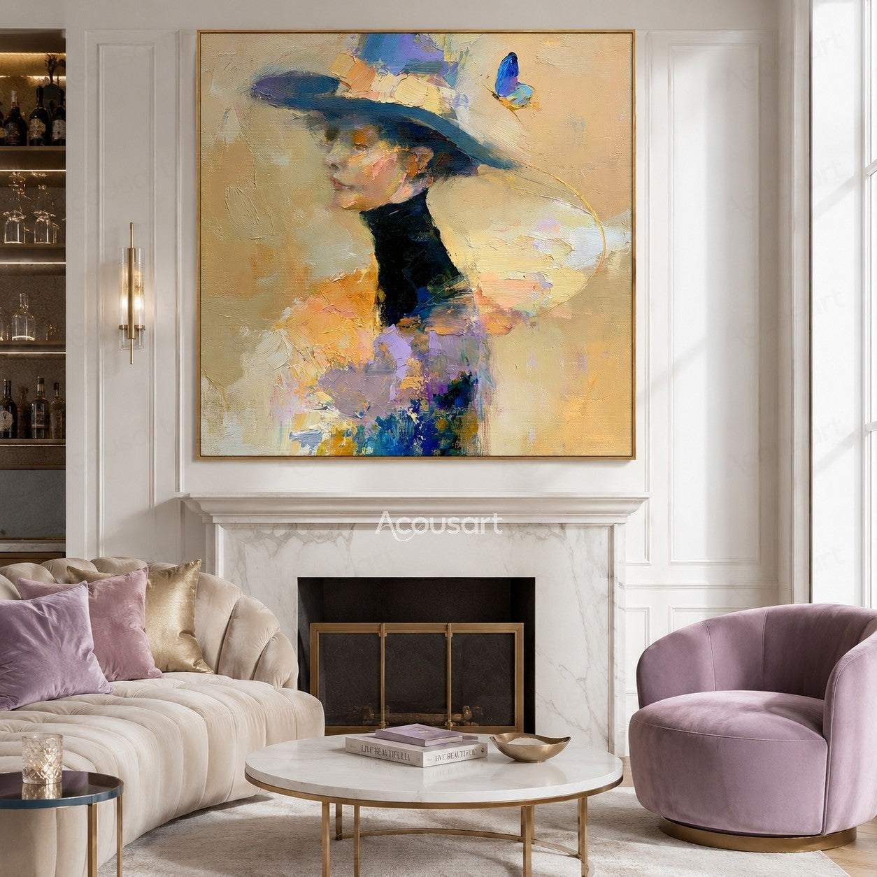 Modern figurative textured wall art featuring elegant woman with wide hat and colorful abstract brushstrokes