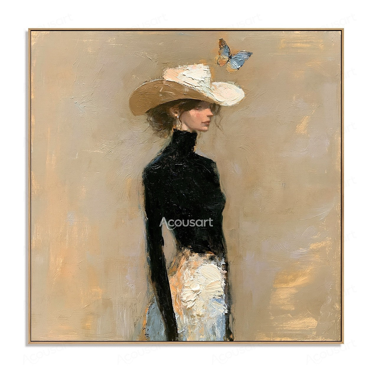 Elegant portrait wall art of a woman in a black top wearing a white hat with a butterfly above