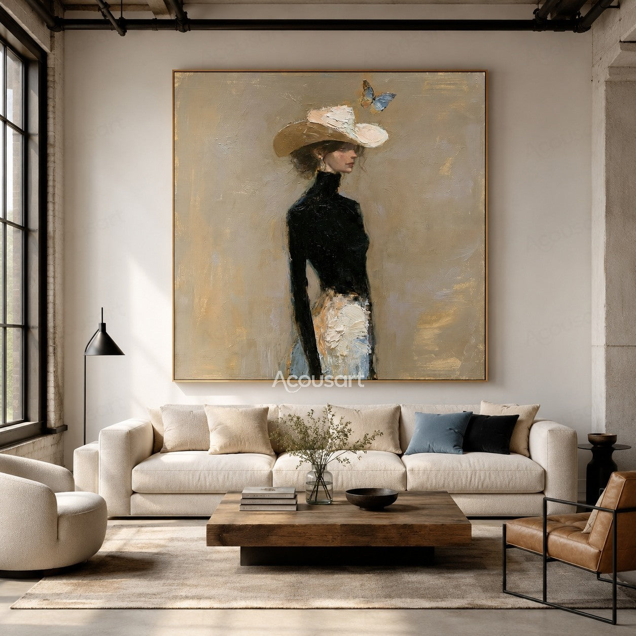 Elegant portrait wall art of a woman in a black top wearing a white hat with a butterfly above