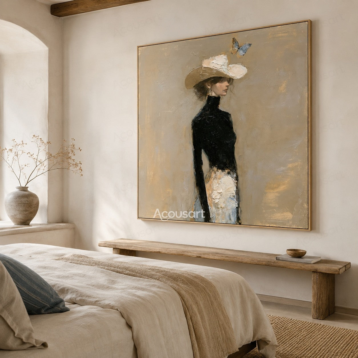 Elegant portrait wall art of a woman in a black top wearing a white hat with a butterfly above