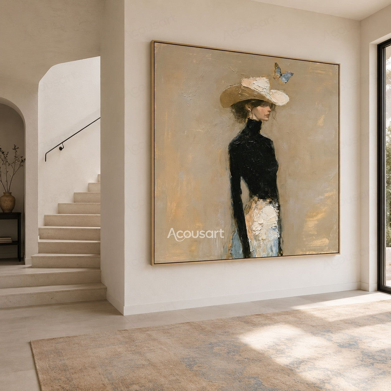 Elegant portrait wall art of a woman in a black top wearing a white hat with a butterfly above